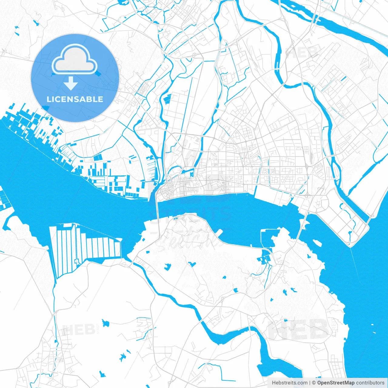 Shantou, China PDF vector map with water in focus