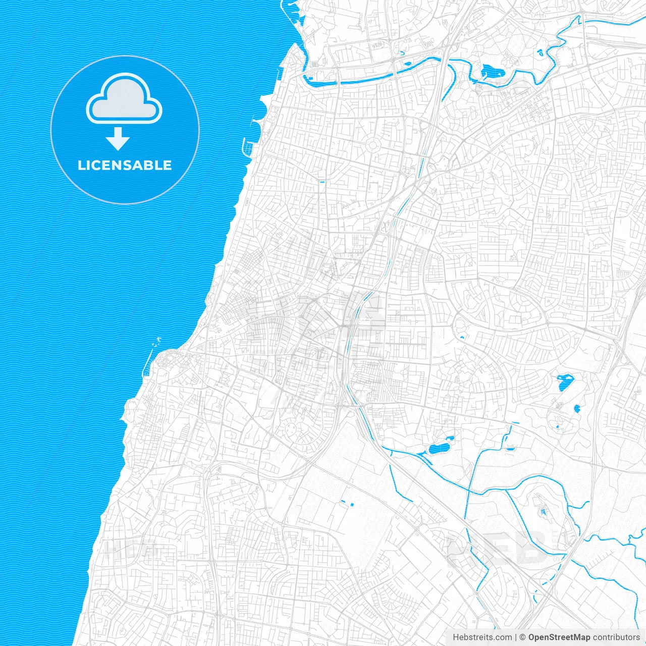 Bnei Brak, Israel PDF vector map with water in focus
