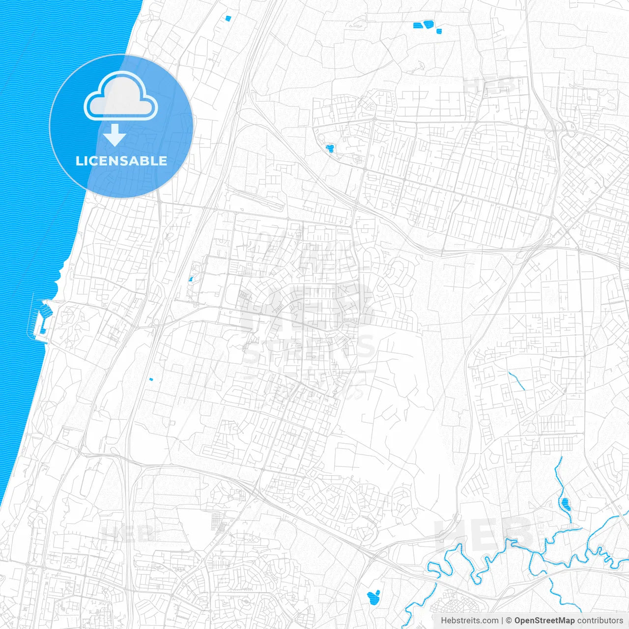 Herzliya, Israel PDF vector map with water in focus