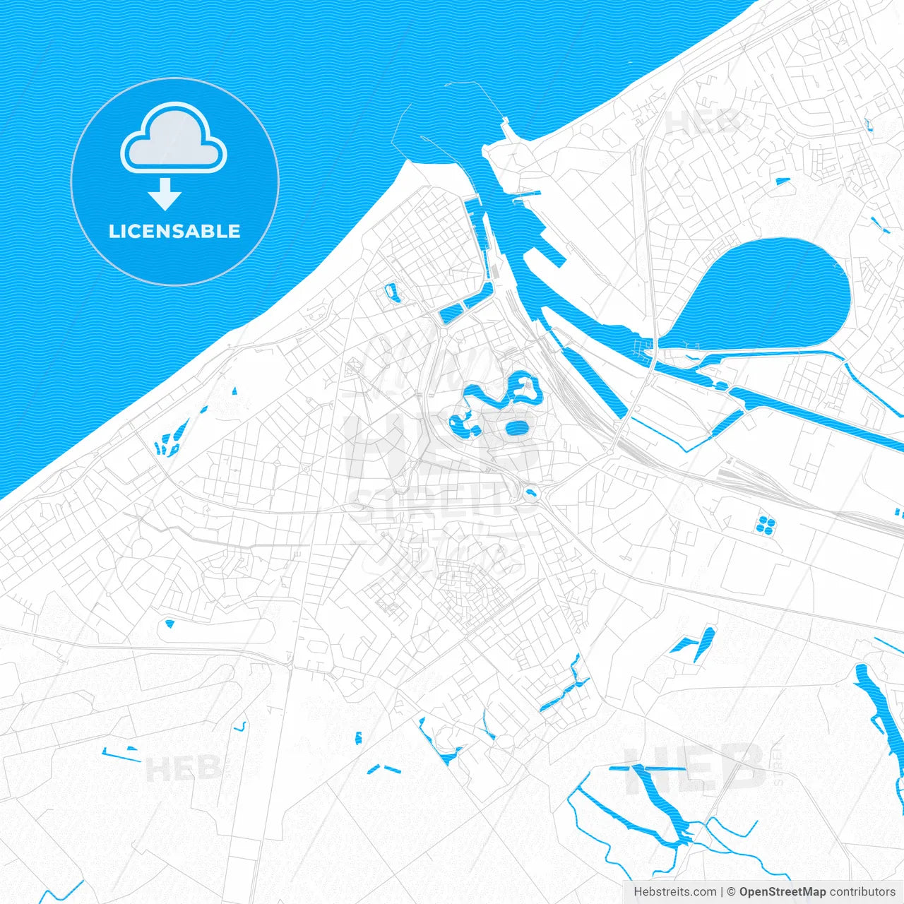 Ostend, Belgium PDF vector map with water in focus