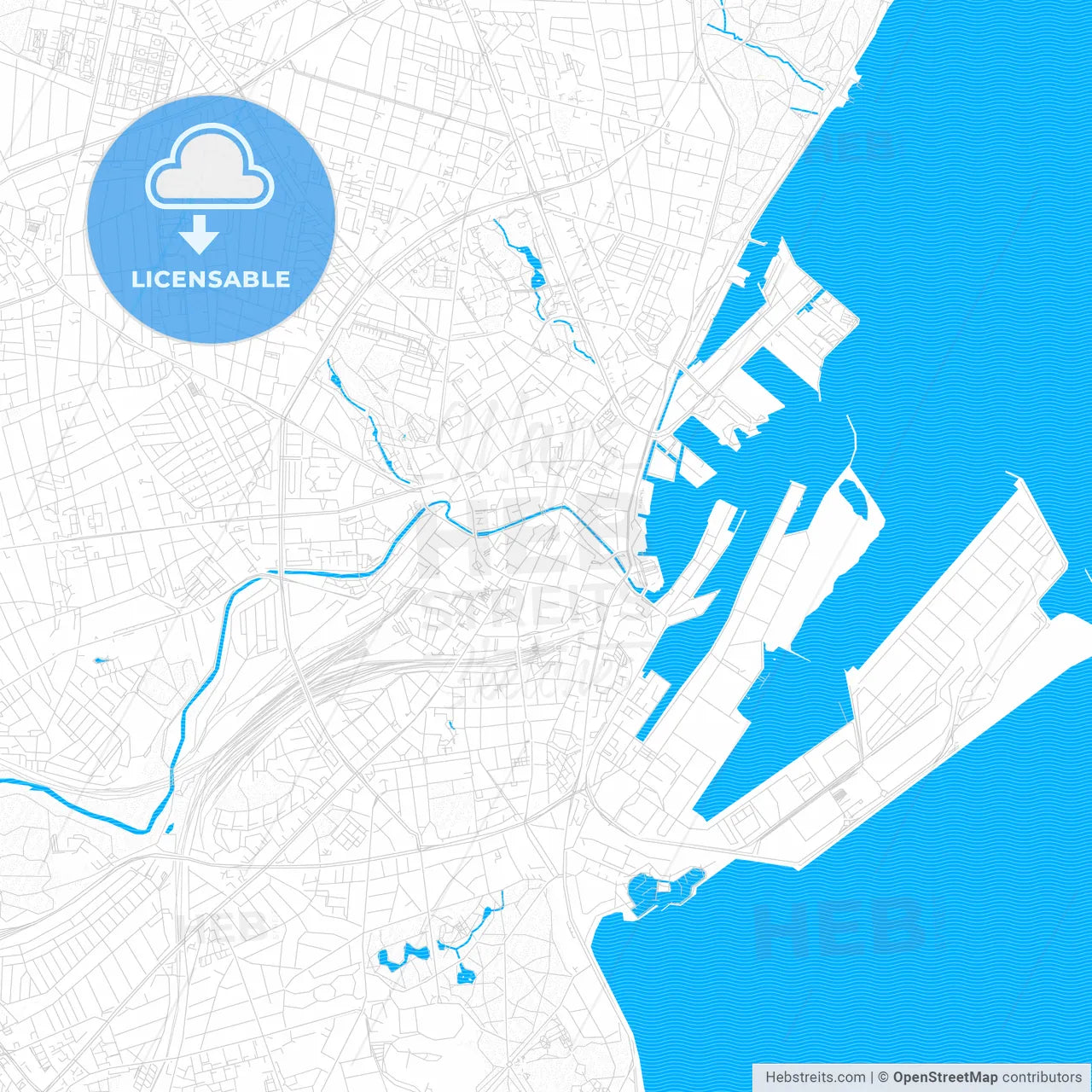 Aarhus, Denmark PDF vector map with water in focus