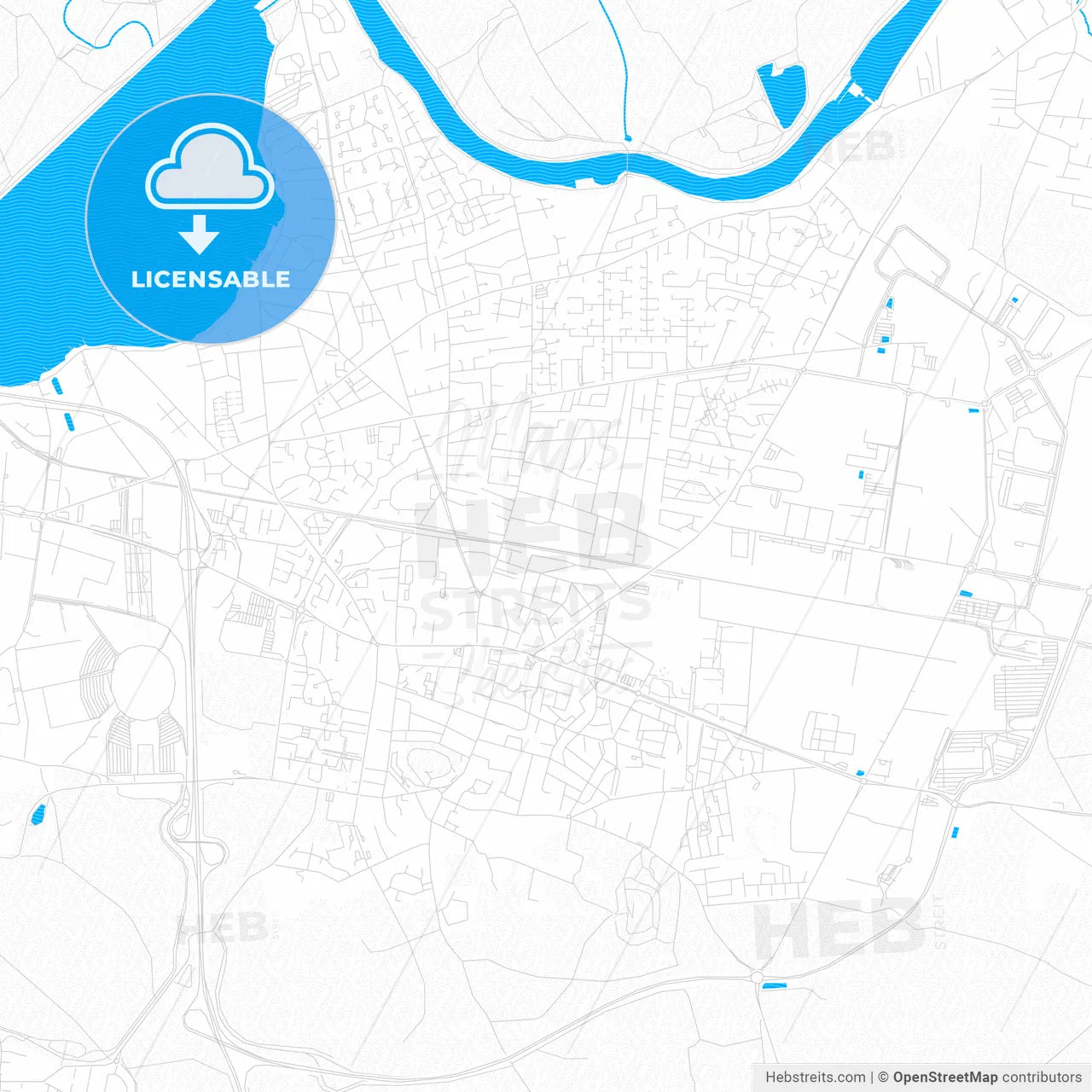 Meyzieu, France PDF vector map with water in focus