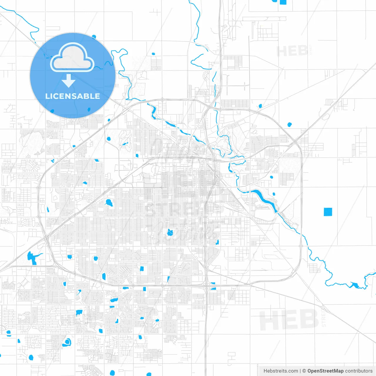 Lubbock, Texas, United States, PDF vector map with water in focus