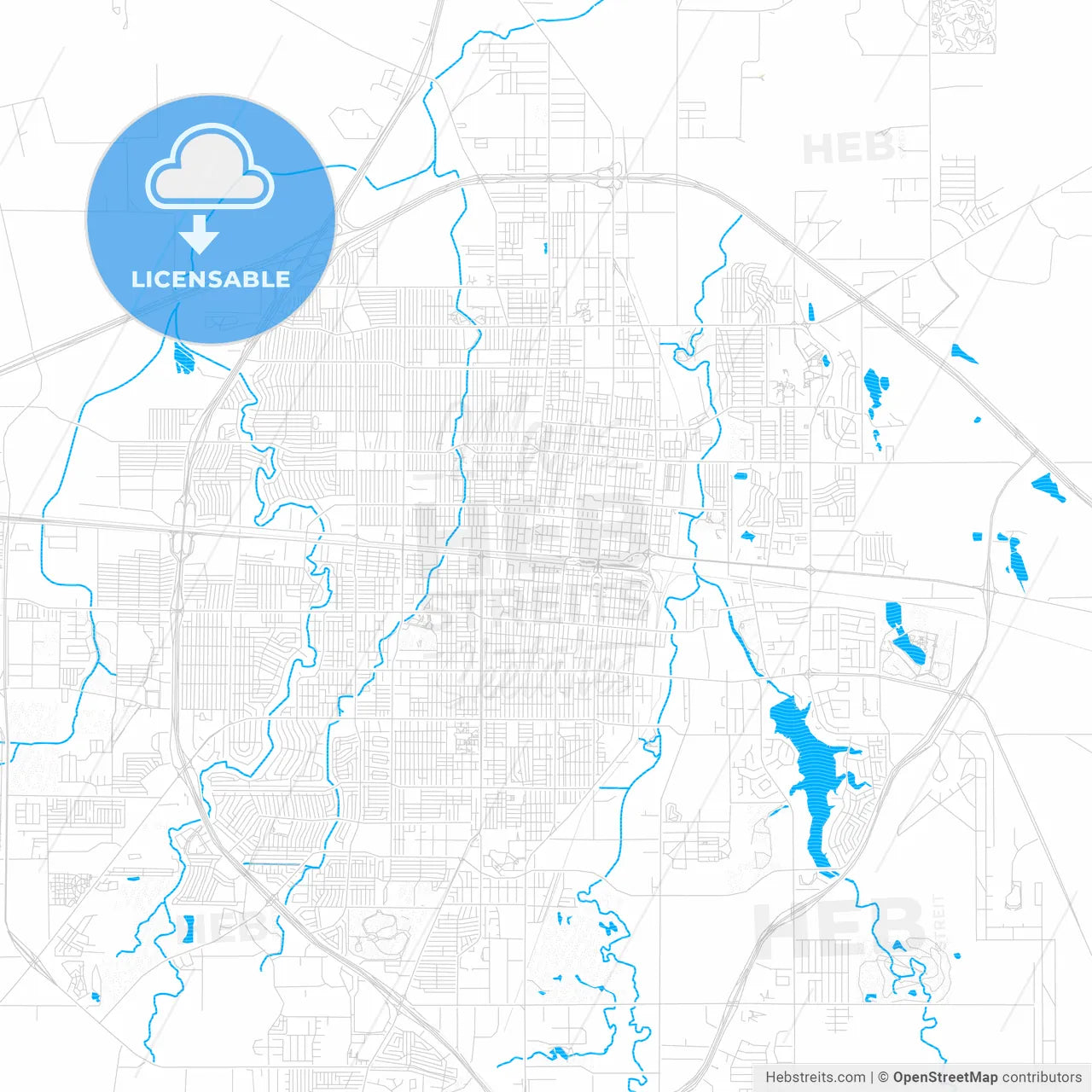 Abilene, Texas, United States, PDF vector map with water in focus