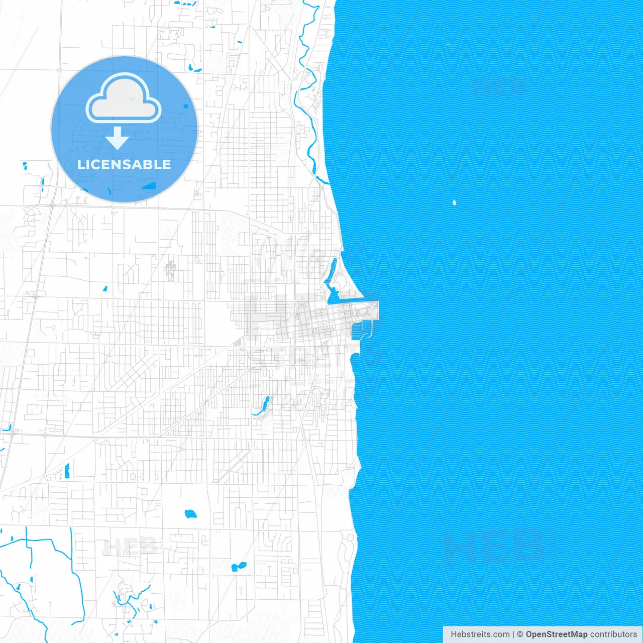 Kenosha, Wisconsin, United States, PDF vector map with water in focus