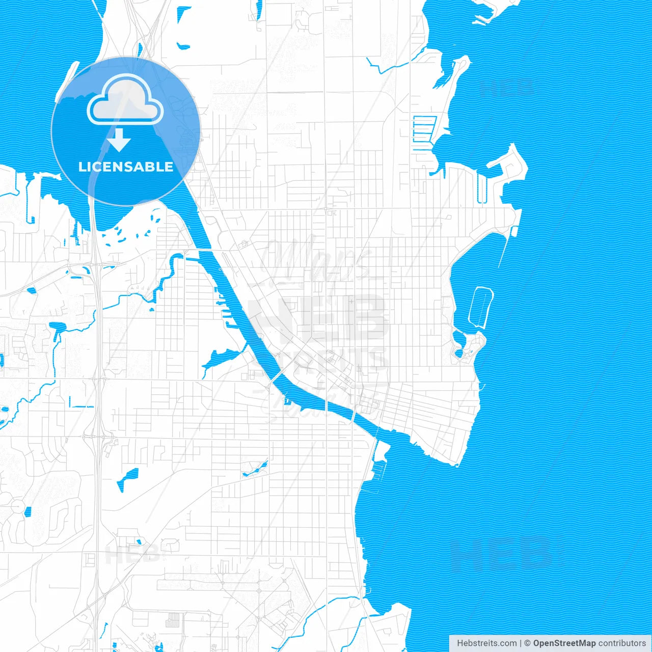 Oshkosh, Wisconsin, United States, PDF vector map with water in focus