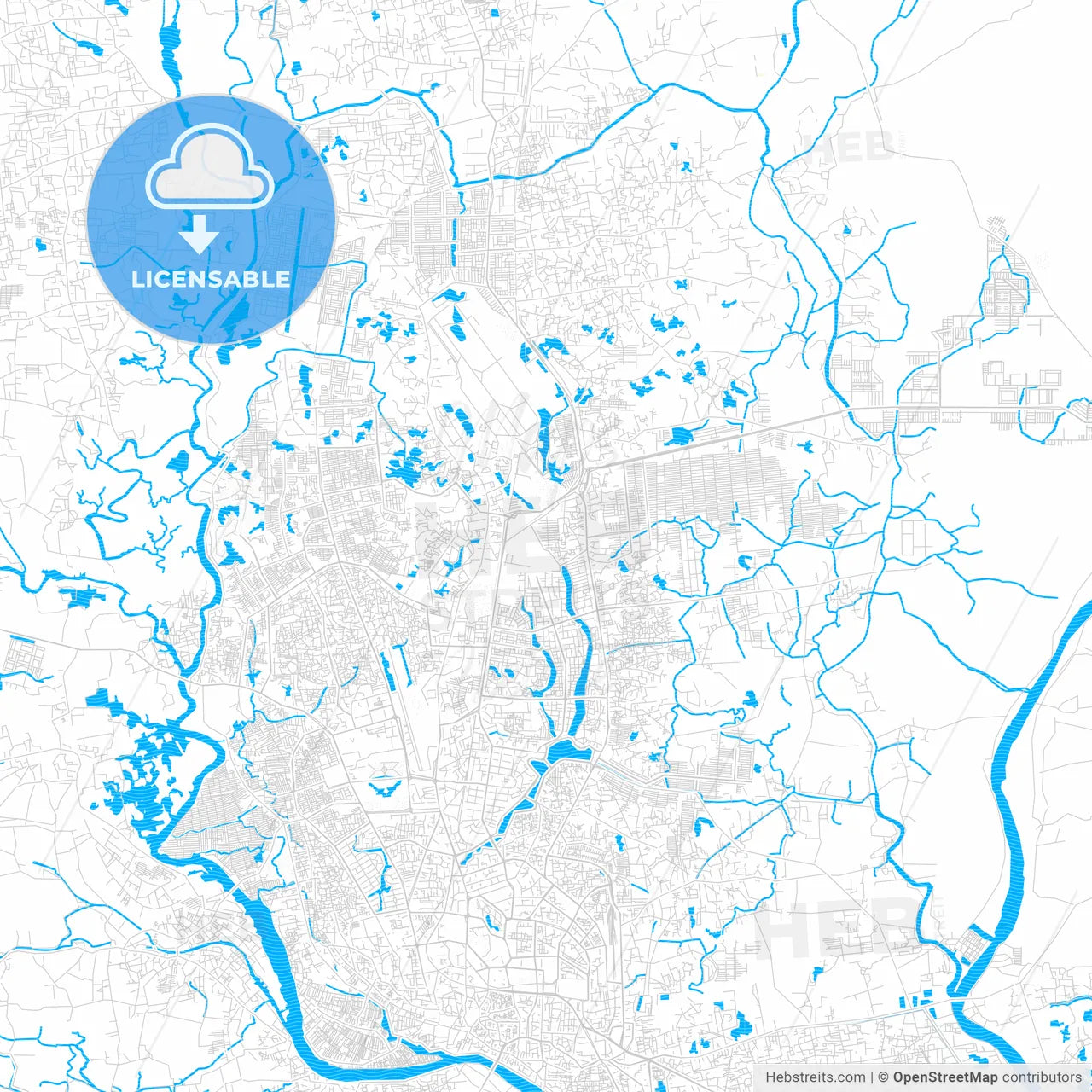 Dhaka, Bangladesh PDF vector map with water in focus