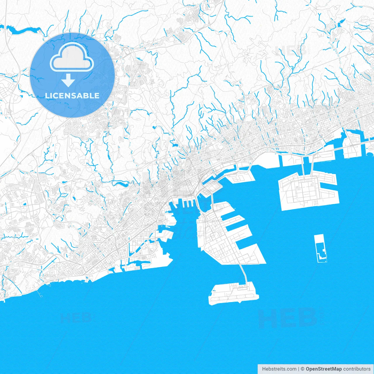 Kobe, Japan PDF vector map with water in focus