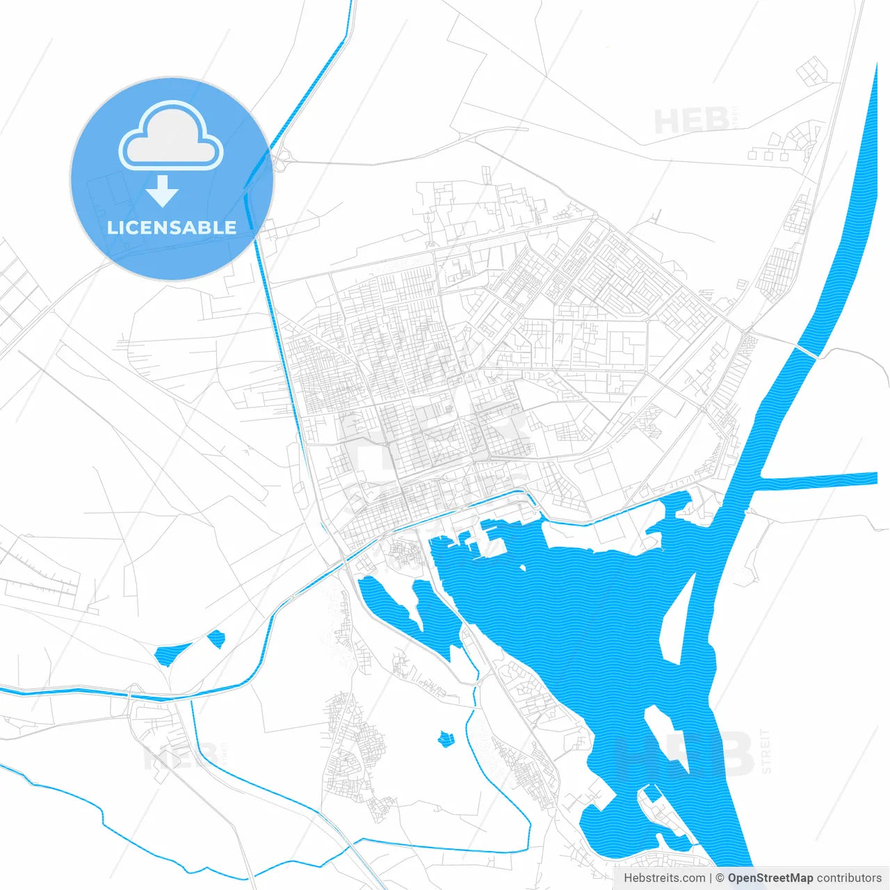Ismailia, Egypt PDF vector map with water in focus