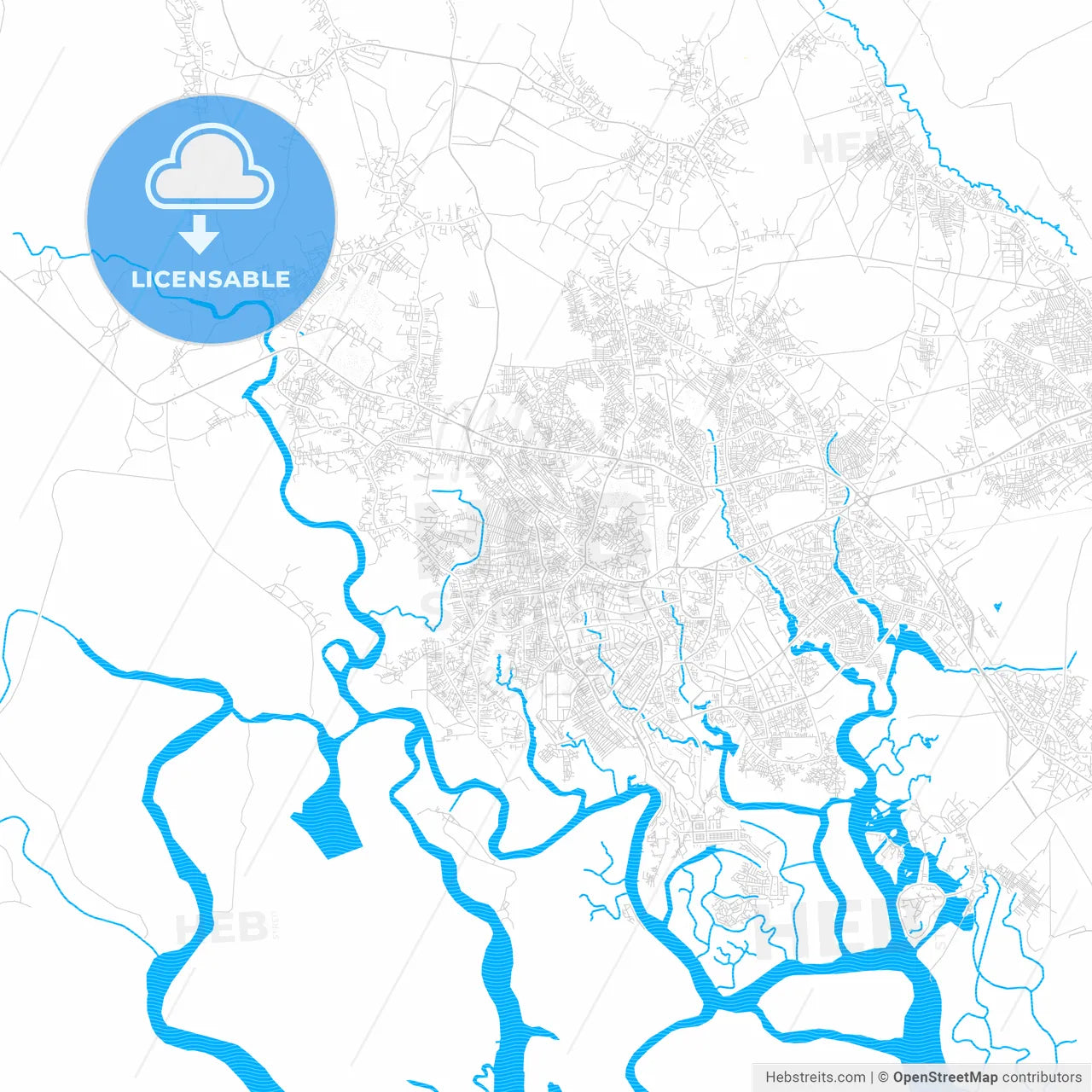 Buguma, Nigeria PDF vector map with water in focus