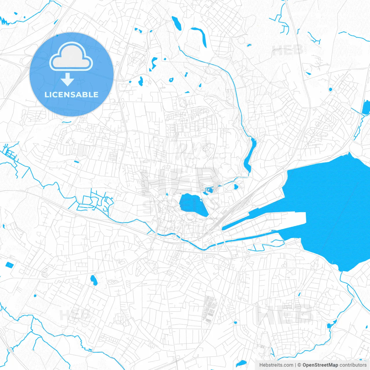 Kolding, Denmark PDF vector map with water in focus