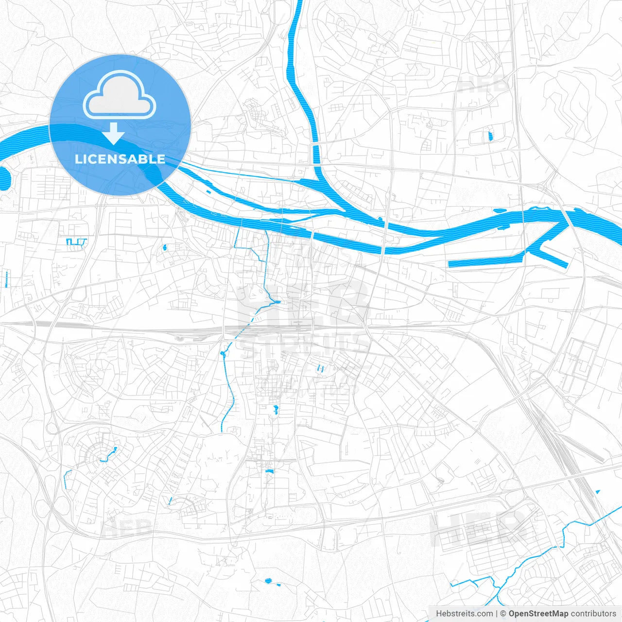 Regensburg, Germany PDF vector map with water in focus