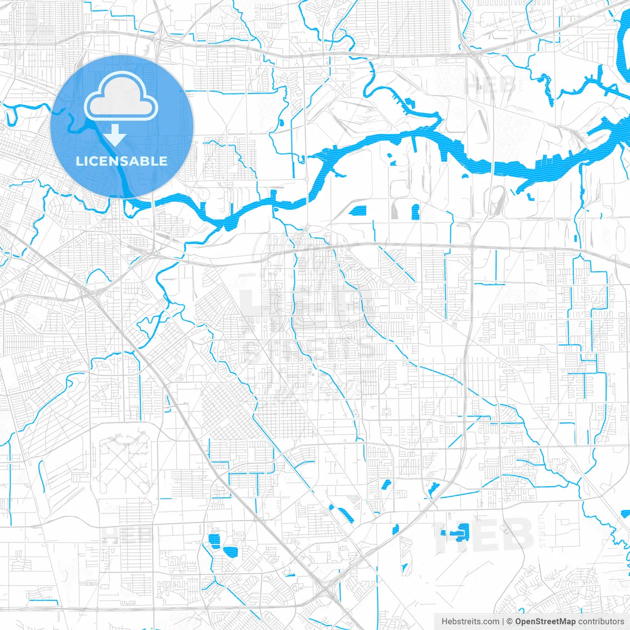 Pasadena, Texas, United States, PDF vector map with water in focus