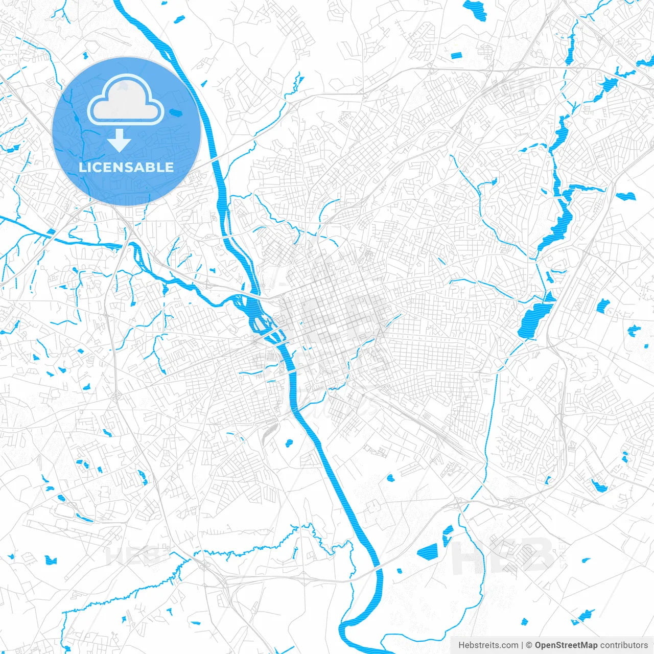 Columbia, South Carolina, United States, PDF vector map with water in focus
