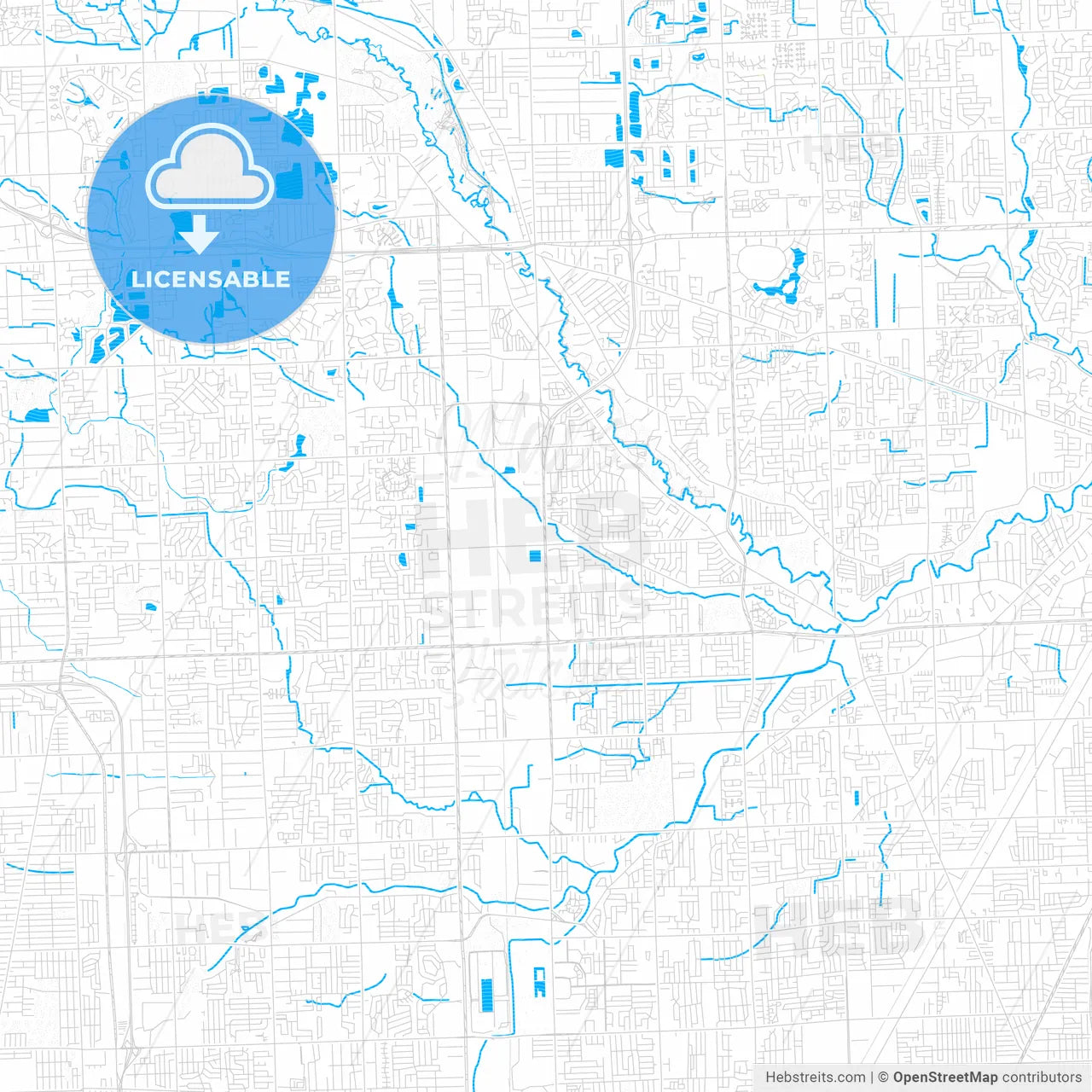 Sterling Heights, Michigan, United States, PDF vector map with water in focus