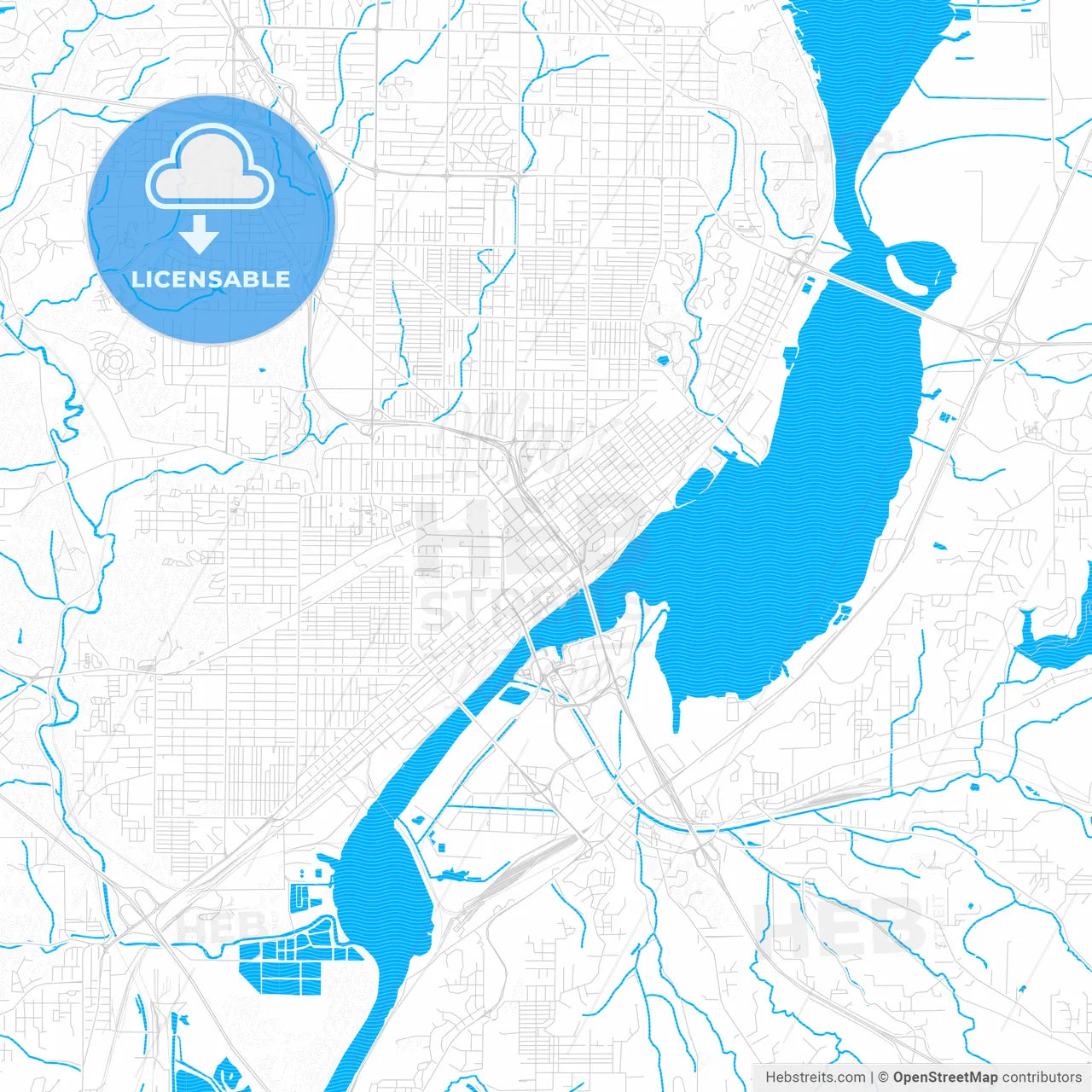 Peoria, Illinois, United States, PDF vector map with water in focus