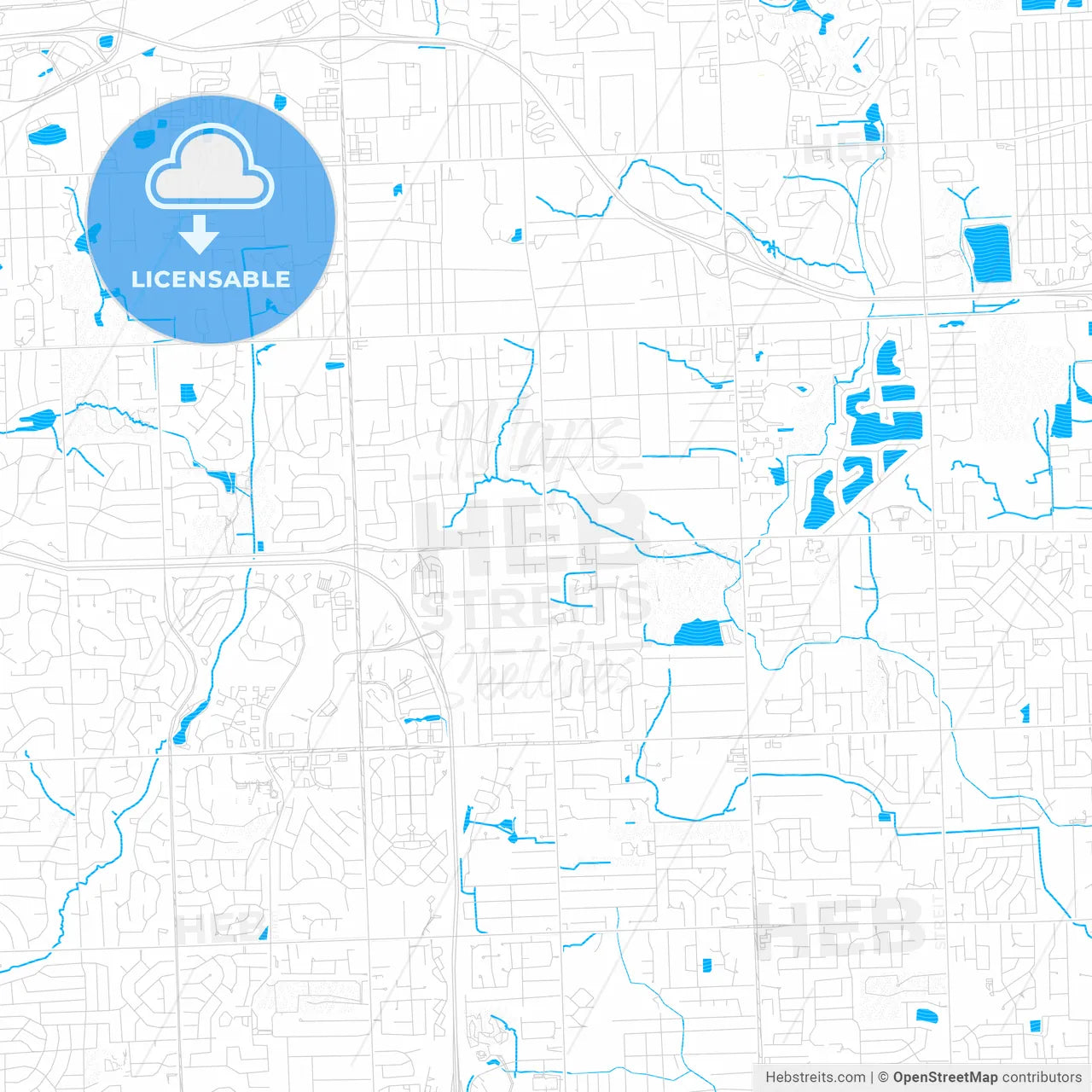 Troy, Michigan, United States, PDF vector map with water in focus