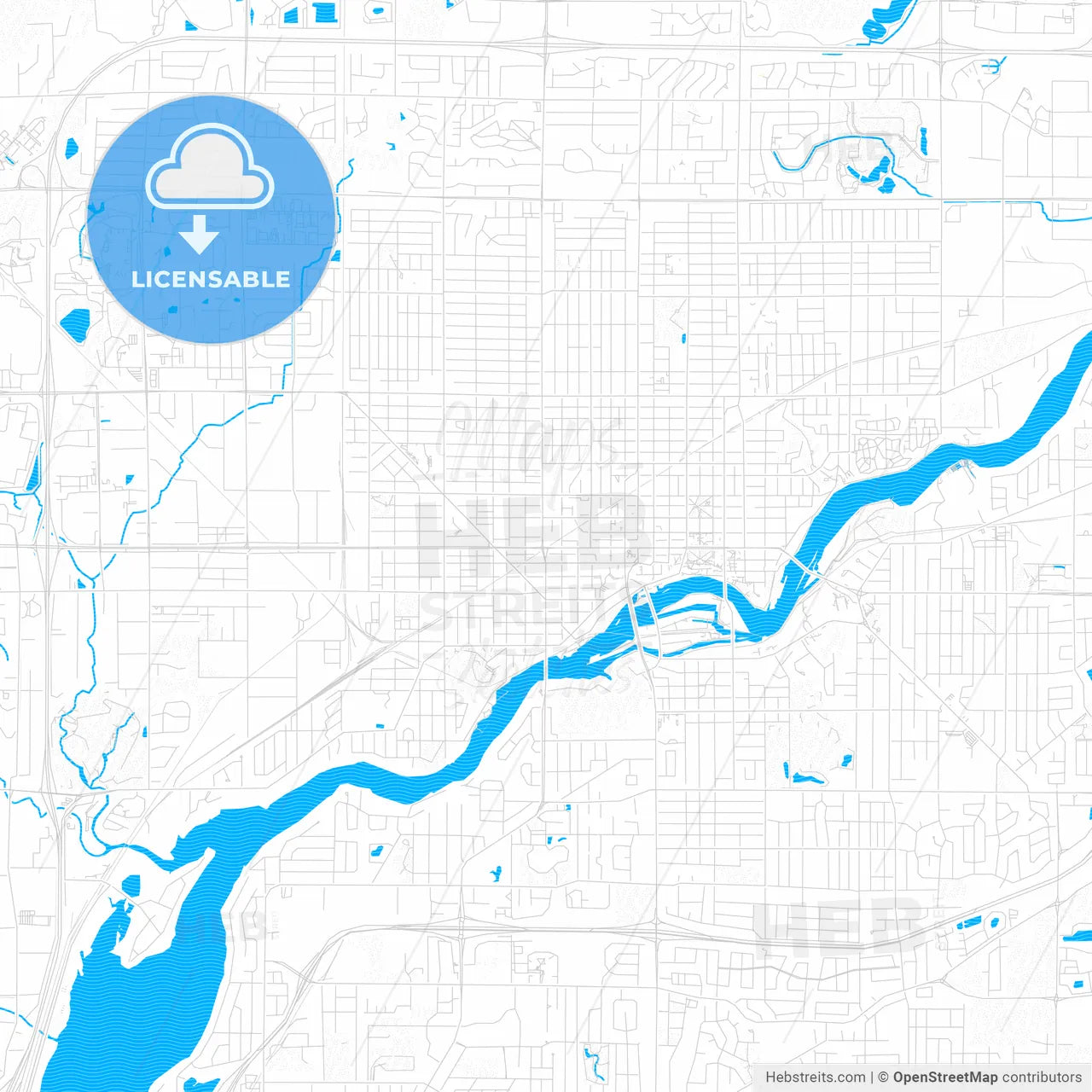 Appleton, Wisconsin, United States, PDF vector map with water in focus