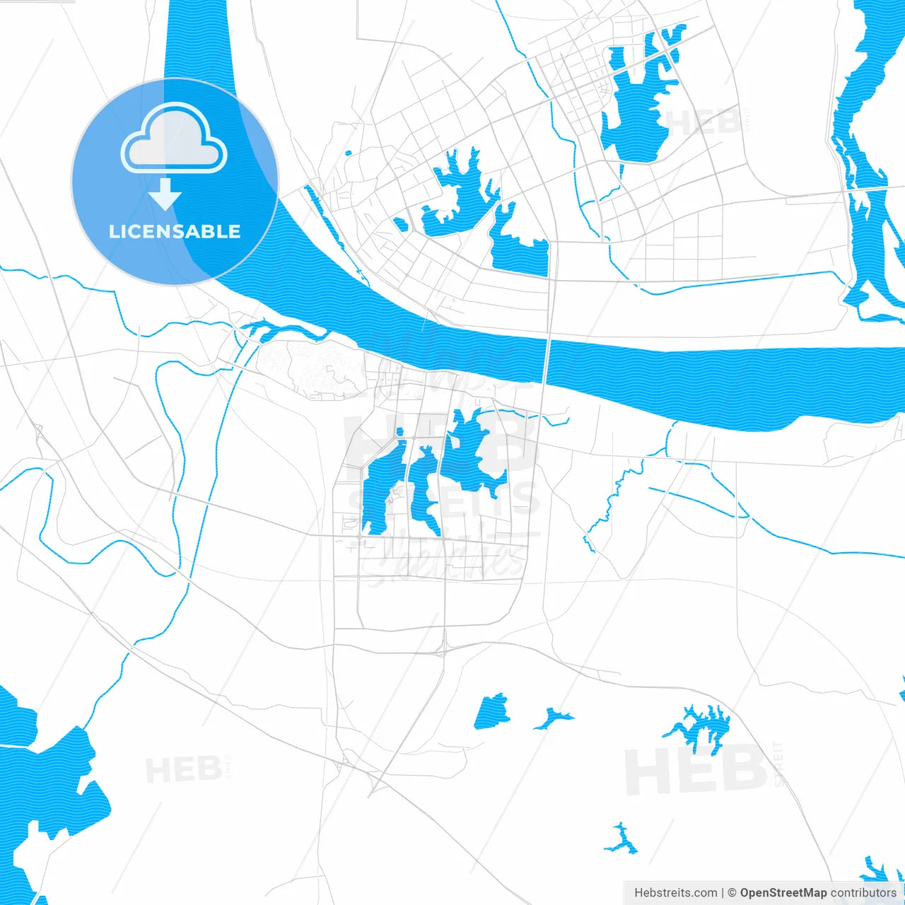 Ezhou, China PDF vector map with water in focus