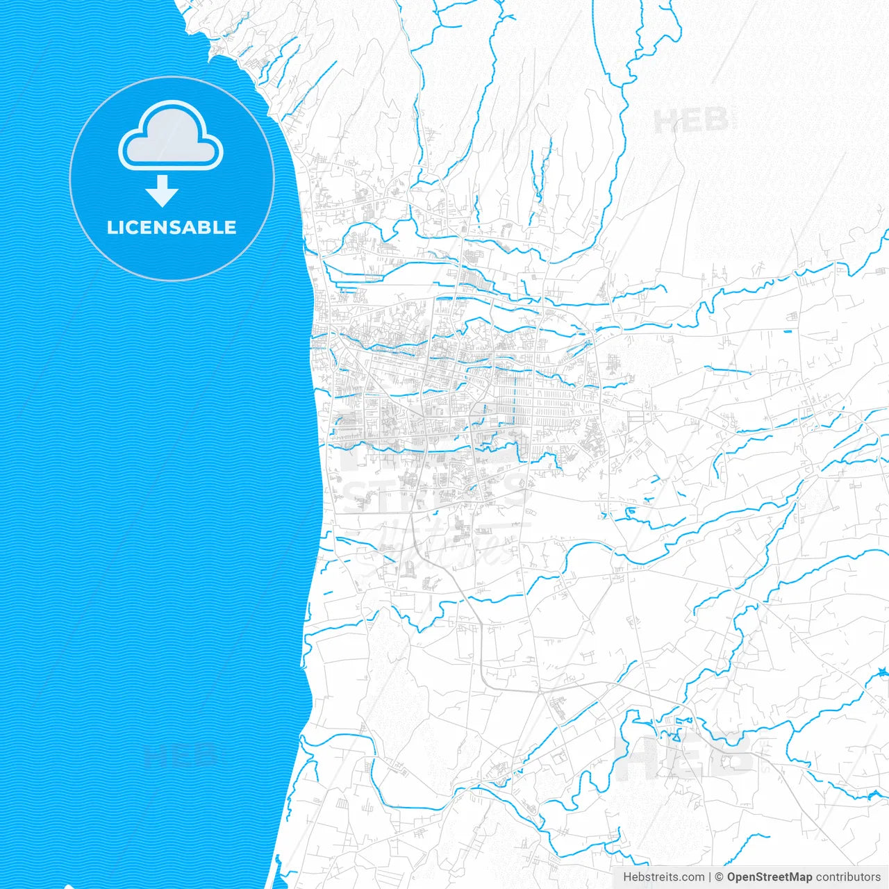 Mataram, Indonesia PDF vector map with water in focus