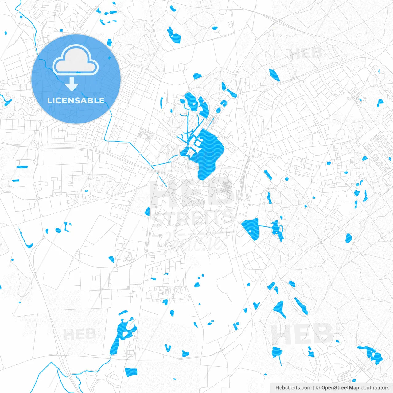 Hillerød, Denmark PDF vector map with water in focus