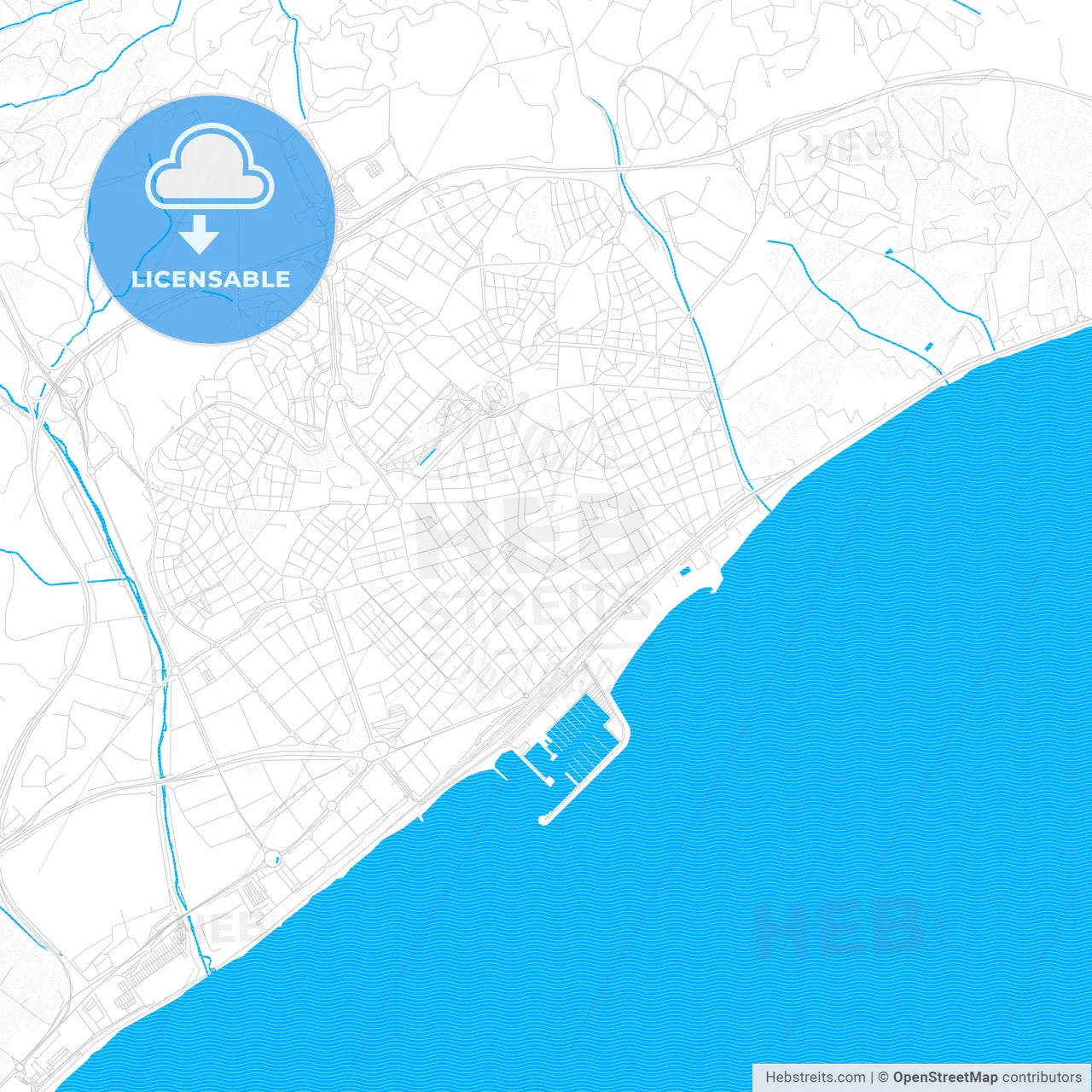 Mataró, Spain PDF vector map with water in focus