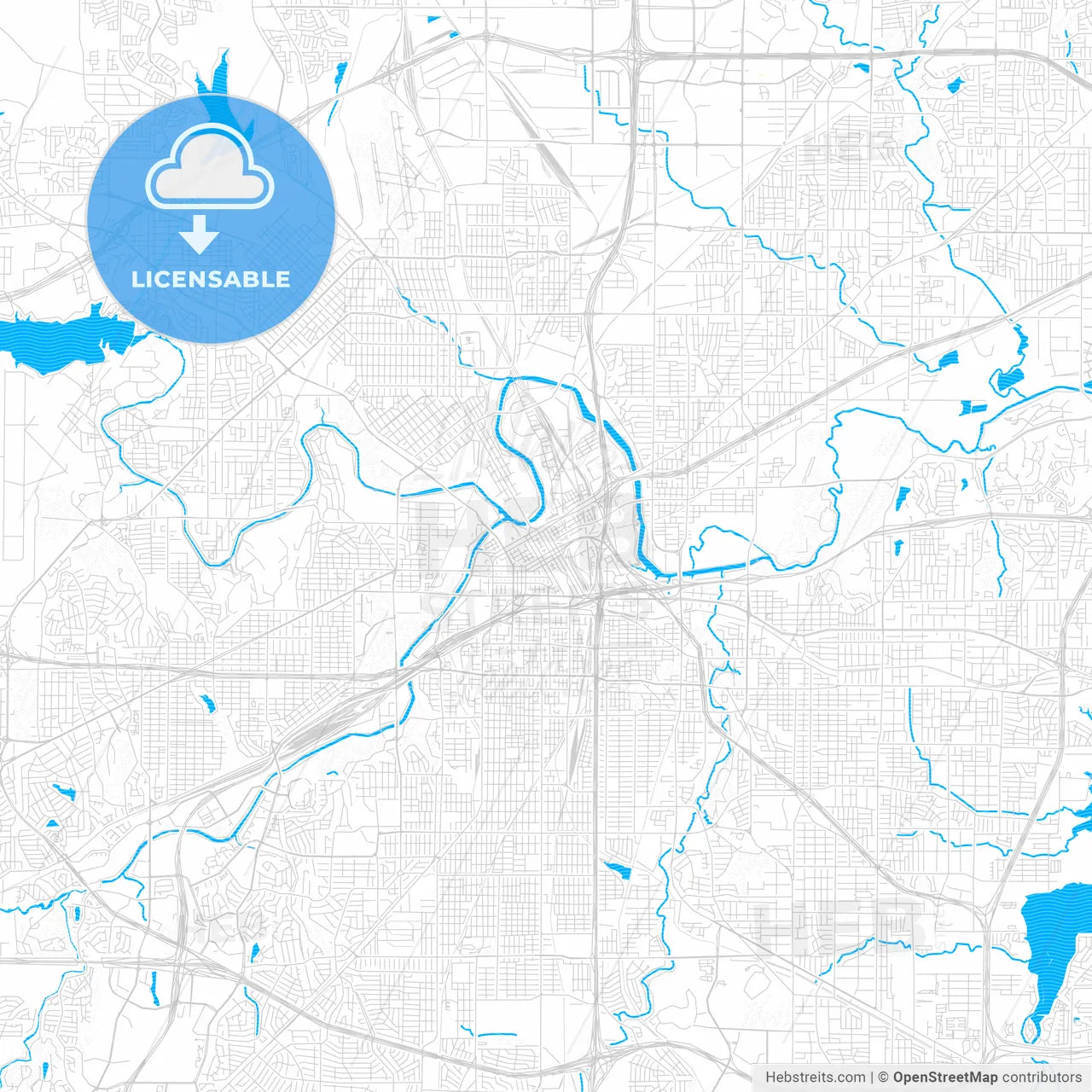 Fort Worth, Texas, United States, PDF vector map with water in focus