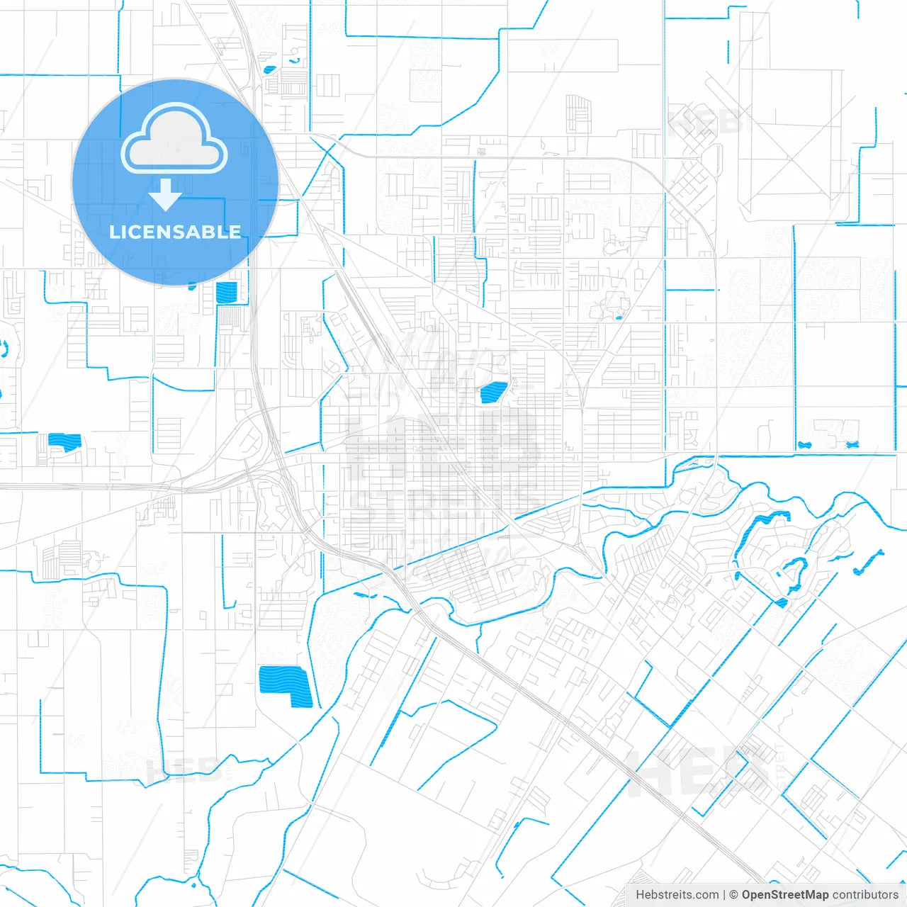 Harlingen, Texas, United States, PDF vector map with water in focus