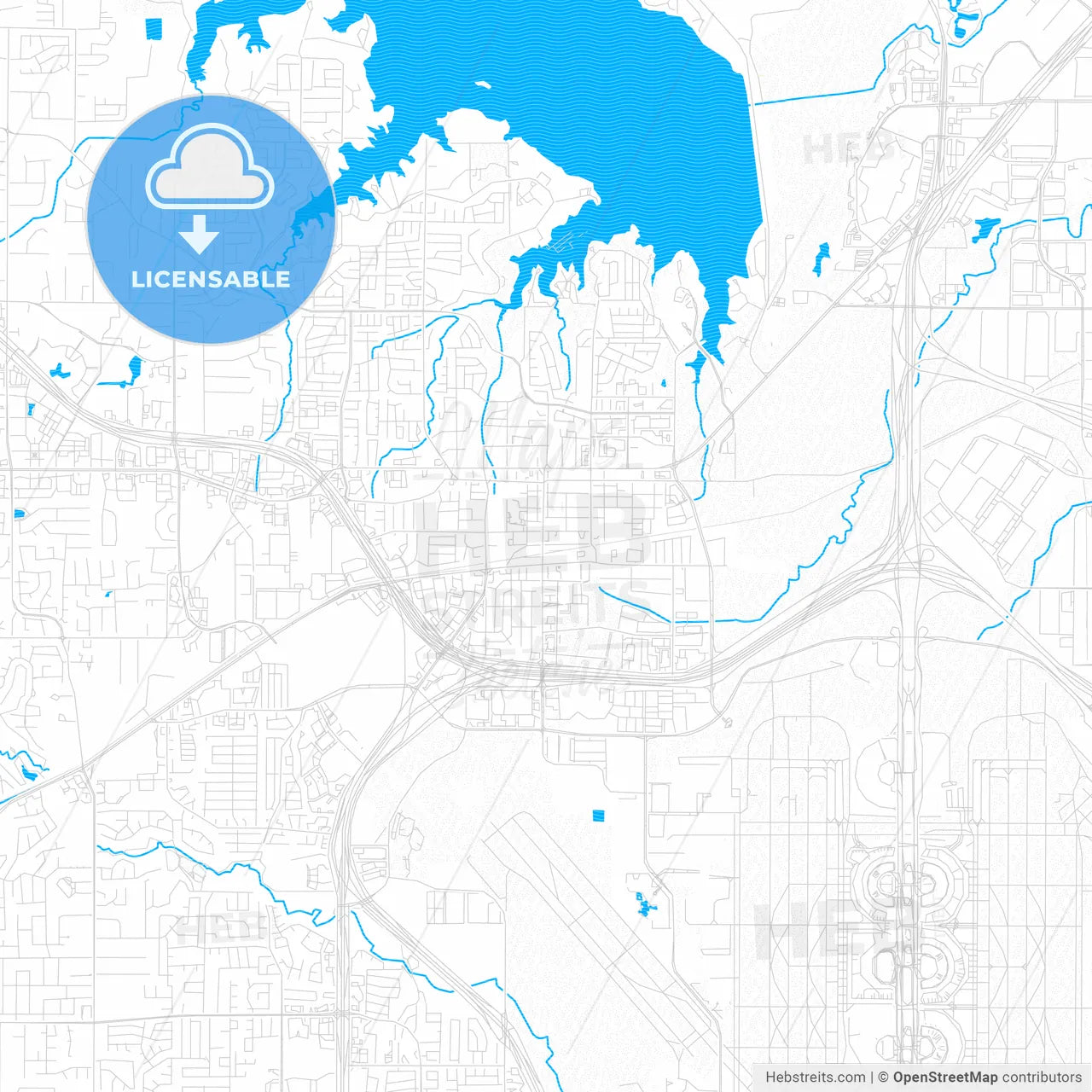 Grapevine, Texas, United States, PDF vector map with water in focus