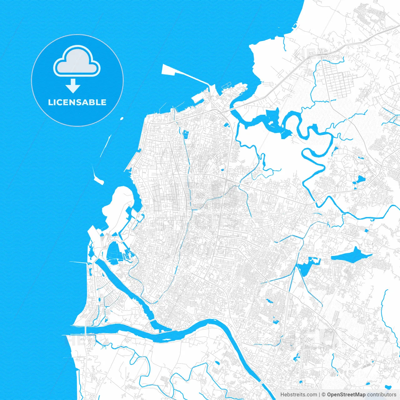 Makassar, Indonesia PDF vector map with water in focus