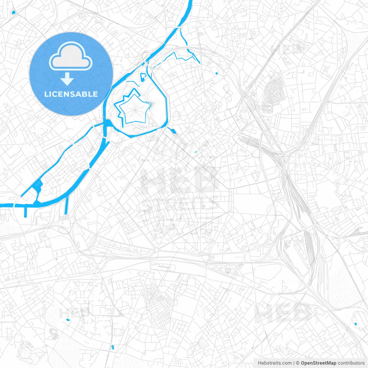 Lille, France PDF vector map with water in focus