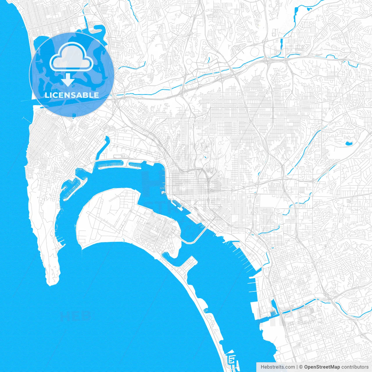 San Diego, California, United States, PDF vector map with water in focus