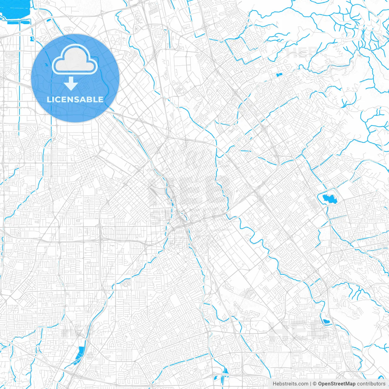 San Jose, California, United States, PDF vector map with water in focus