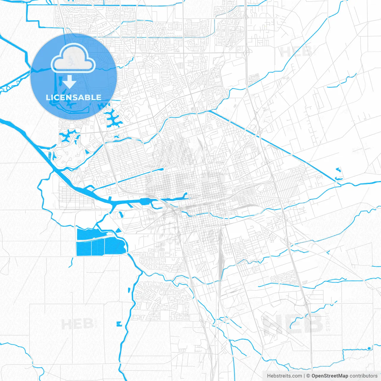 Stockton, California, United States, PDF vector map with water in focus