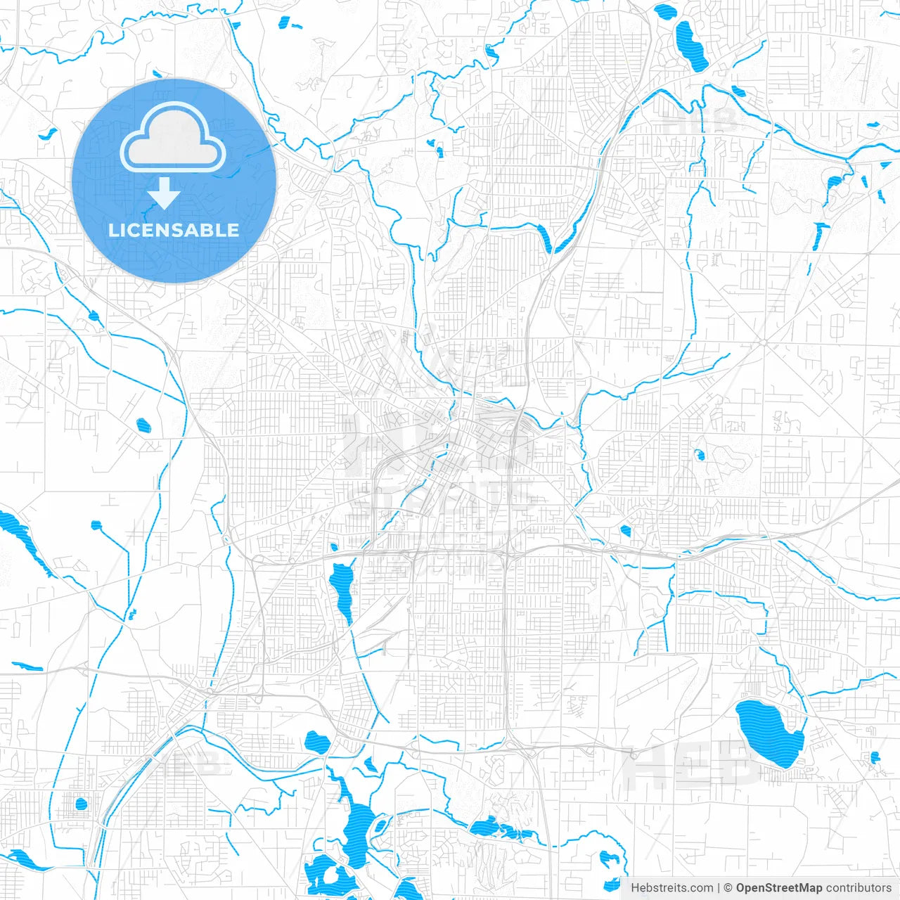 Akron, Ohio, United States, PDF vector map with water in focus