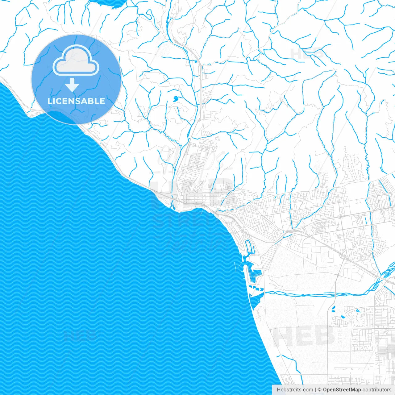 San Buenaventura, California, United States, PDF vector map with water in focus
