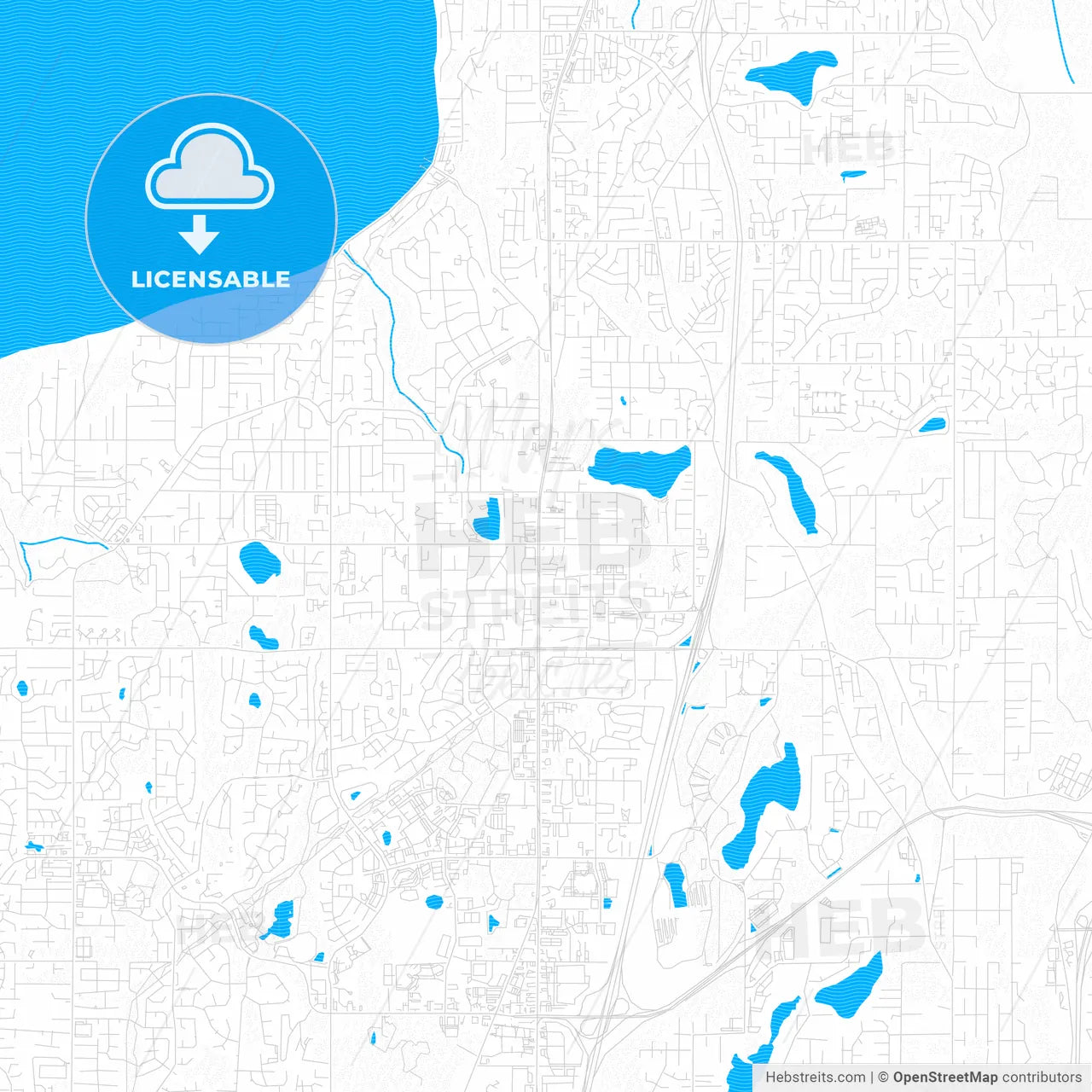 Federal Way, Washington, United States, PDF vector map with water in focus