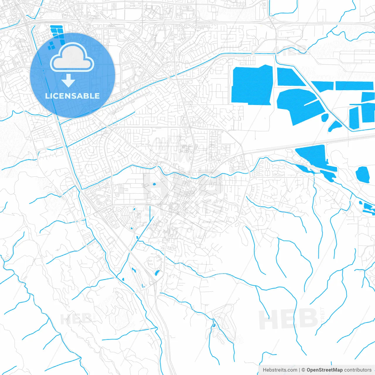 Pleasanton, California, United States, PDF vector map with water in focus