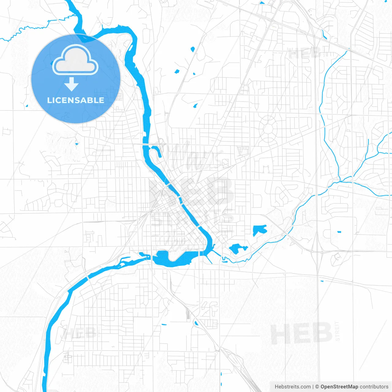 Janesville, Wisconsin, United States, PDF vector map with water in focus