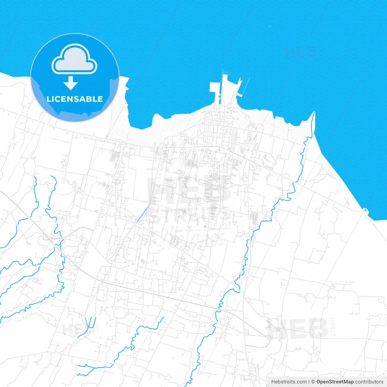 Probolinggo, Indonesia PDF vector map with water in focus