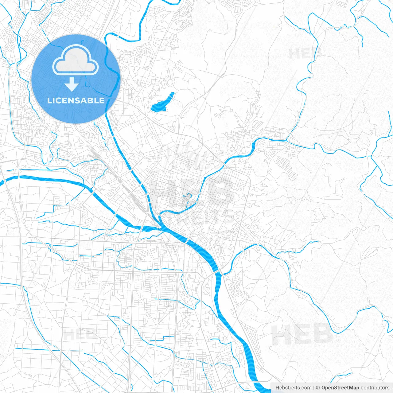 Morioka, Japan PDF vector map with water in focus