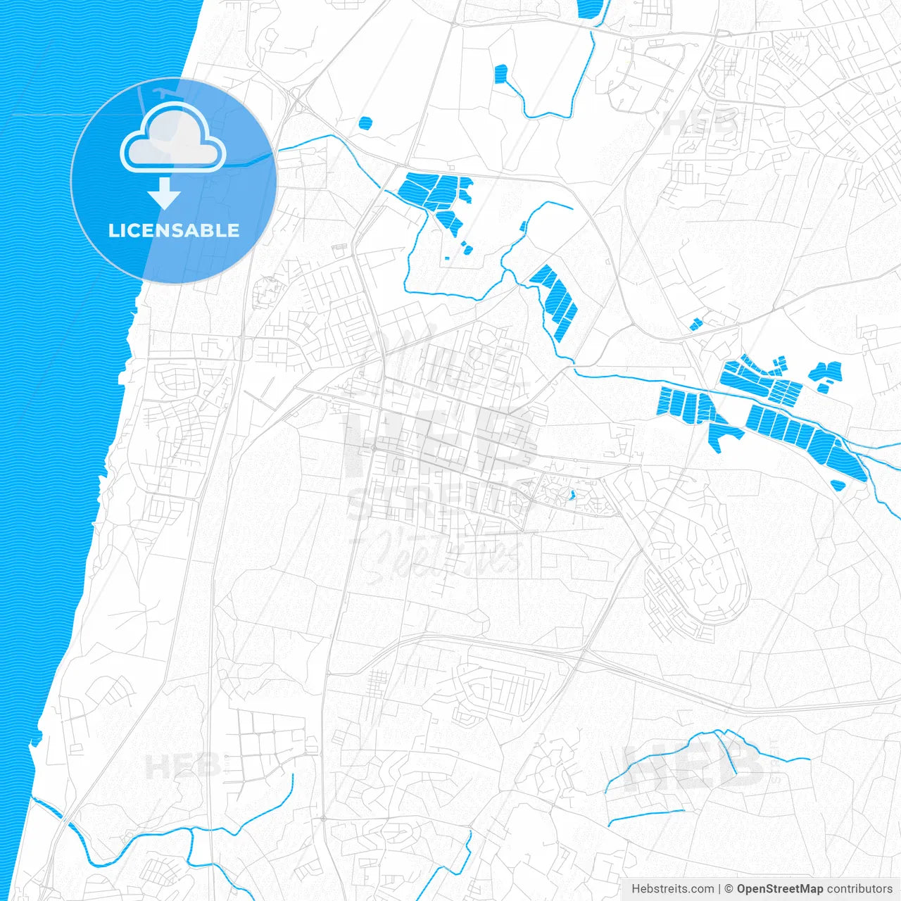 Hadera, Israel PDF vector map with water in focus