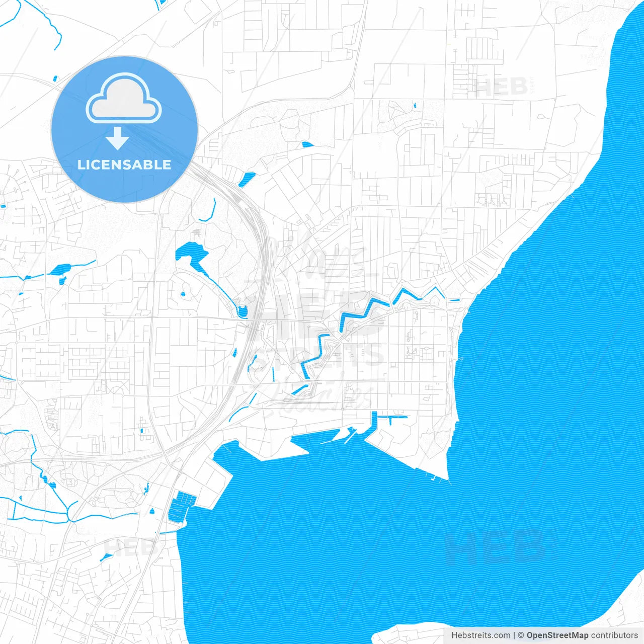 Fredericia, Denmark PDF vector map with water in focus