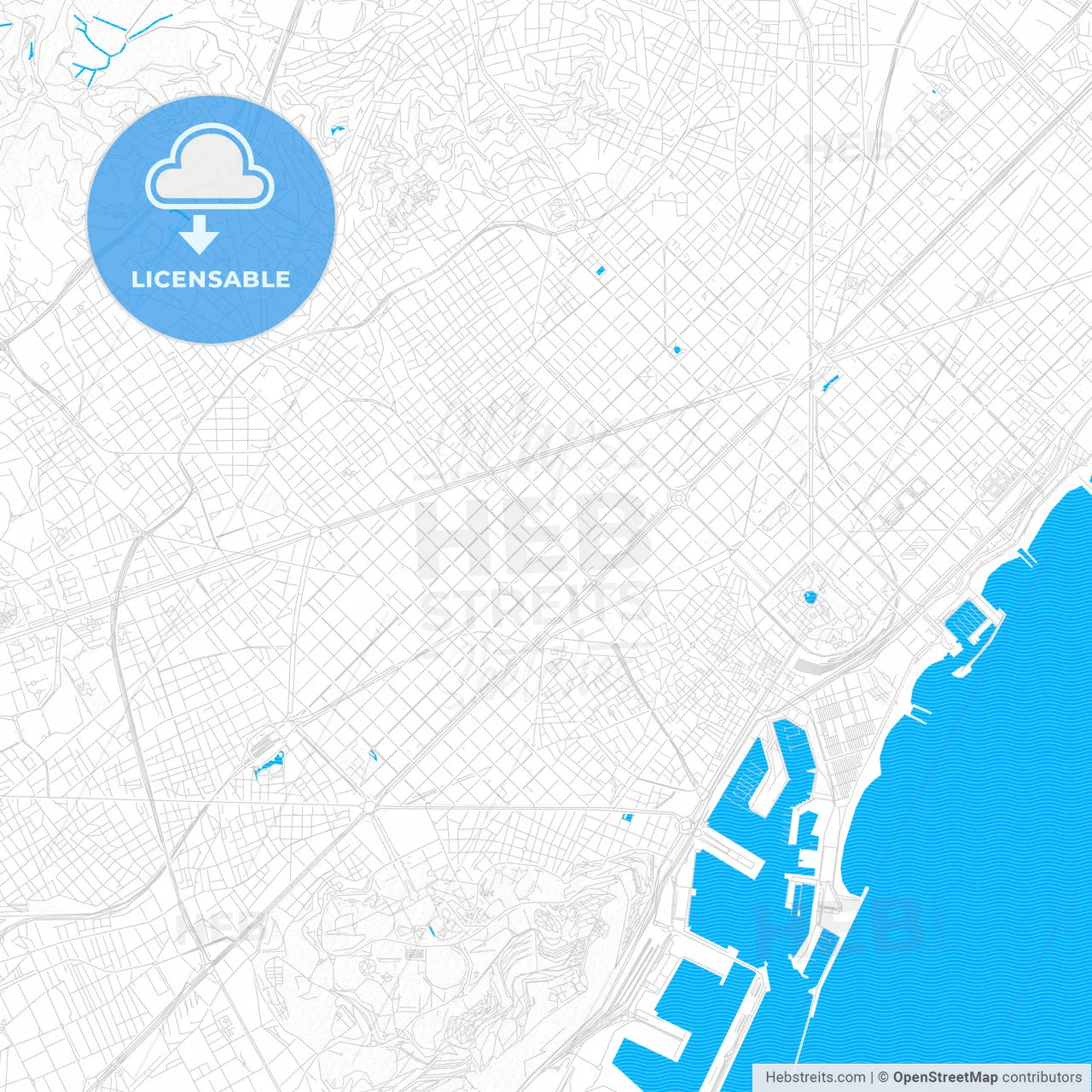 Eixample, Spain PDF vector map with water in focus