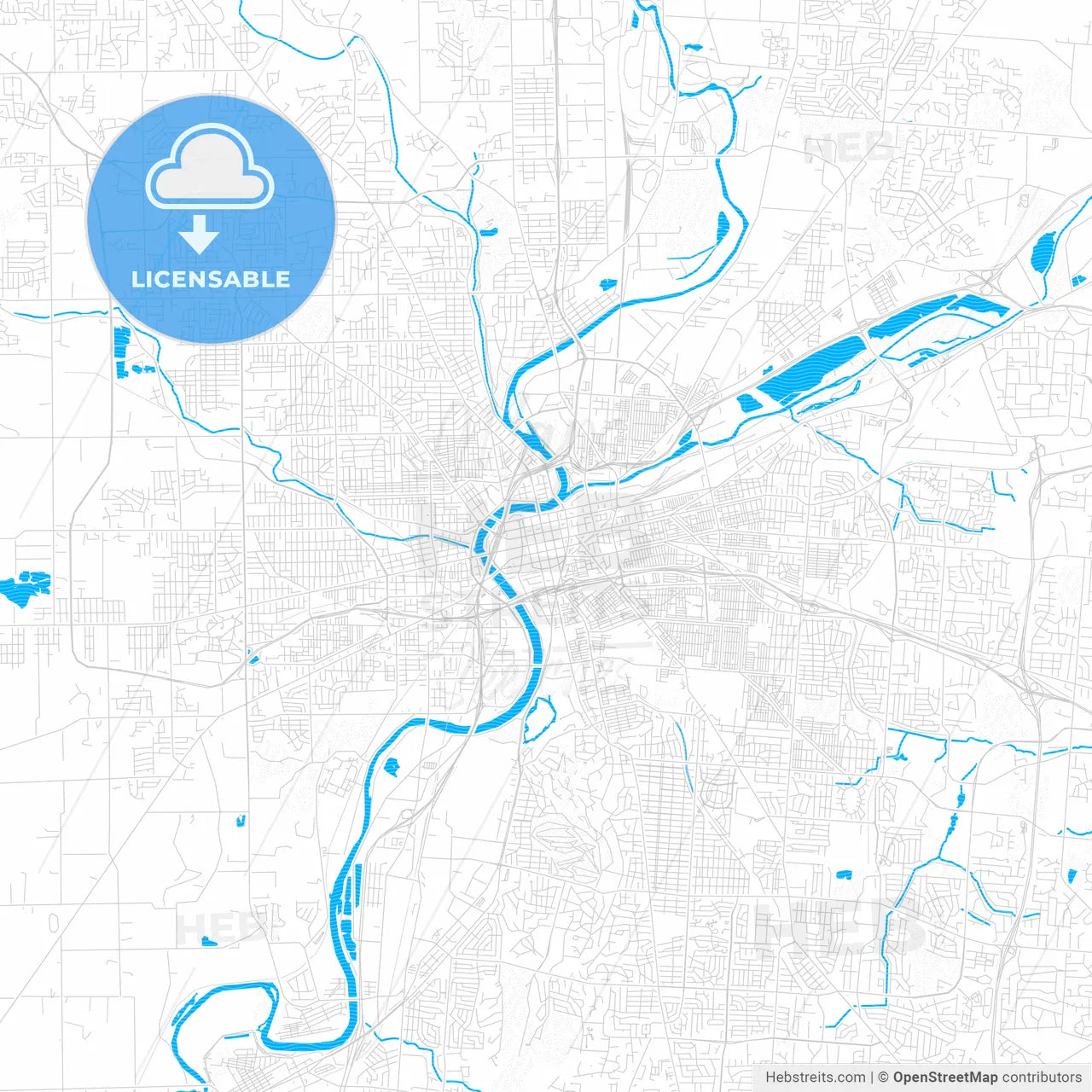 Dayton, Ohio, United States, PDF vector map with water in focus