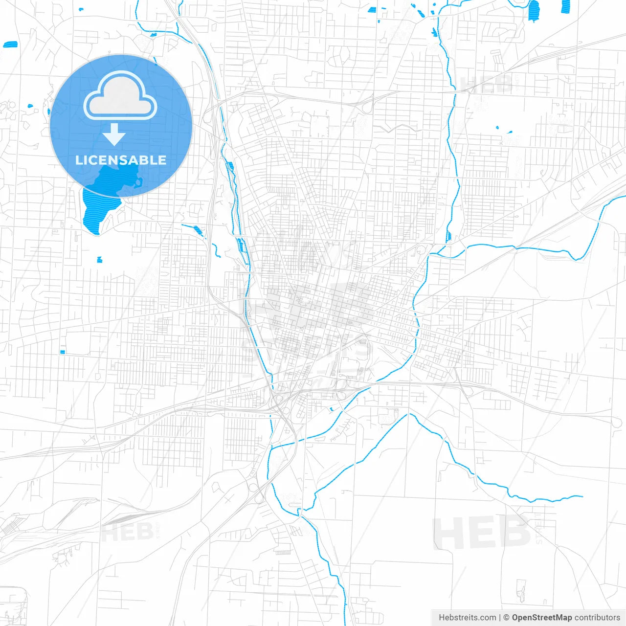 Canton, Ohio, United States, PDF vector map with water in focus