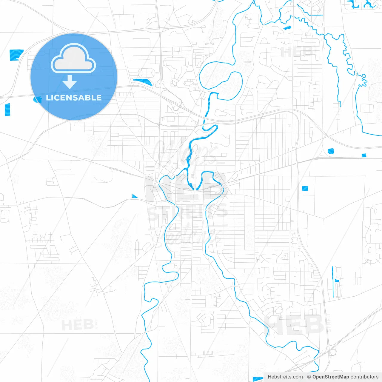 Elyria, Ohio, United States, PDF vector map with water in focus