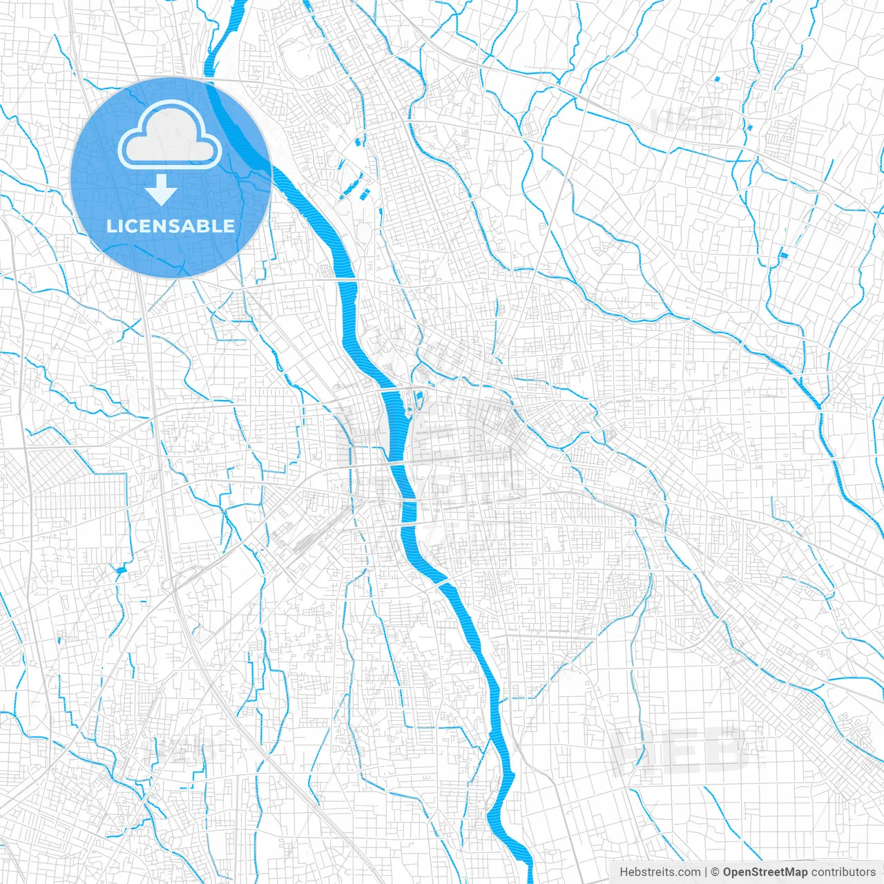 Maebashi, Japan PDF vector map with water in focus
