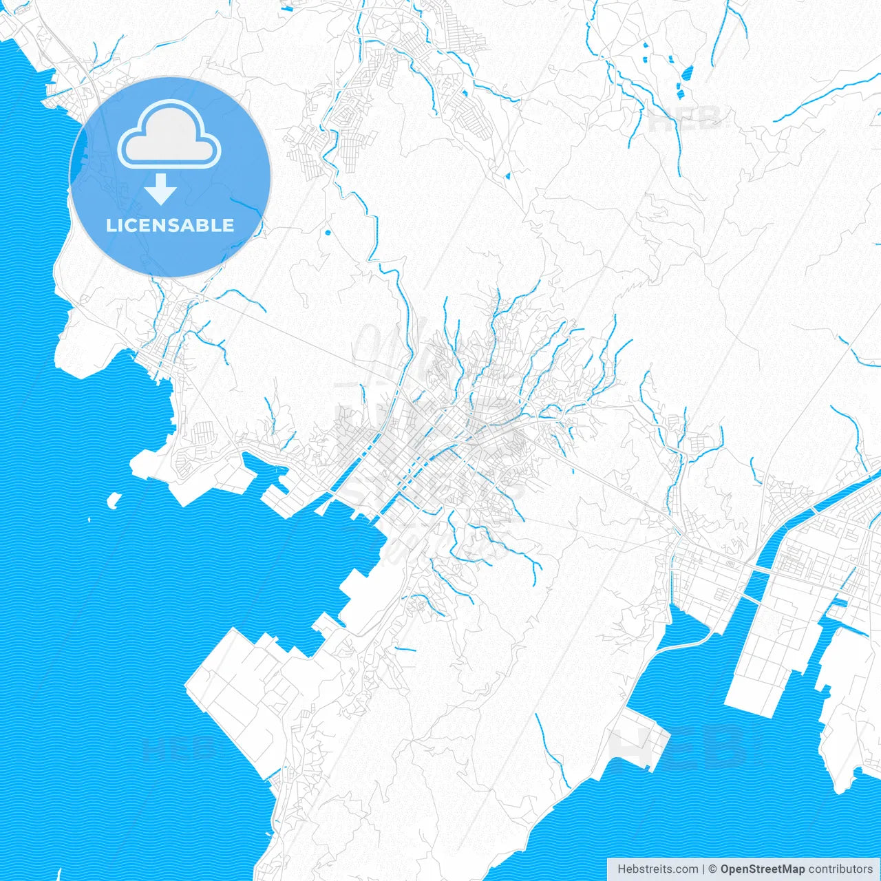 Kure, Japan PDF vector map with water in focus
