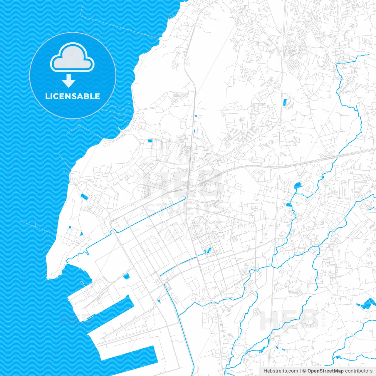 Laem Chabang, Thailand PDF vector map with water in focus